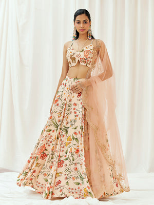 Floral White Printed Embroidered Lehenga Set with Dupatta - XL image
