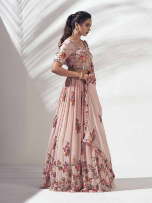 Pink Floral Lehenga with Mirror Work Blouse image 4
