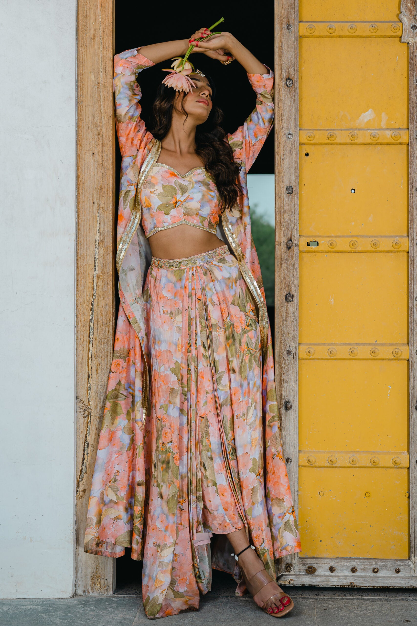 Coral Peach Printed Embroidered Long Jacket and Skirt Set image 6