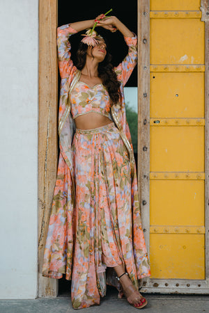 Coral Peach Printed Embroidered Long Jacket and Skirt Set image 6