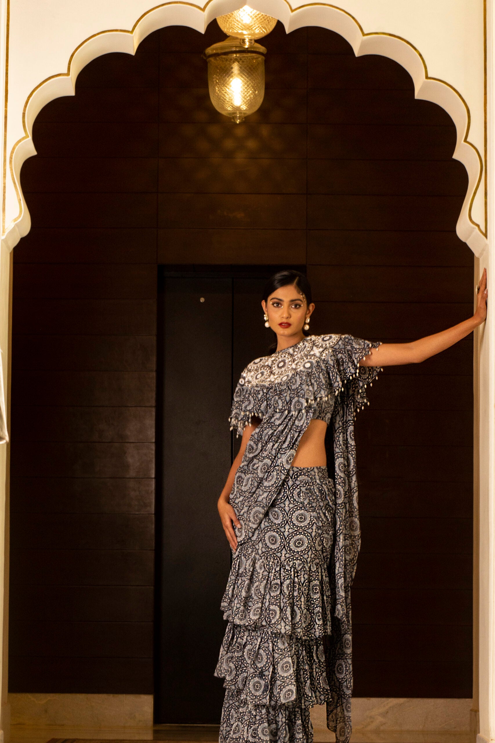 Blue Printed Skirt Saree Set image 2