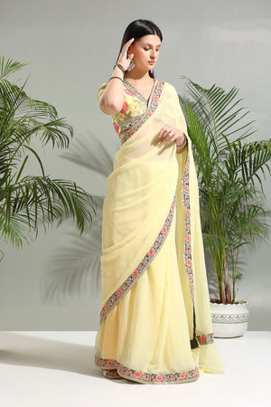 Yellow Saree with Floral Blouse image 2
