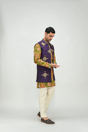 Olive Kurta Paired With Embroidered Half Jacket Pant Set - M image