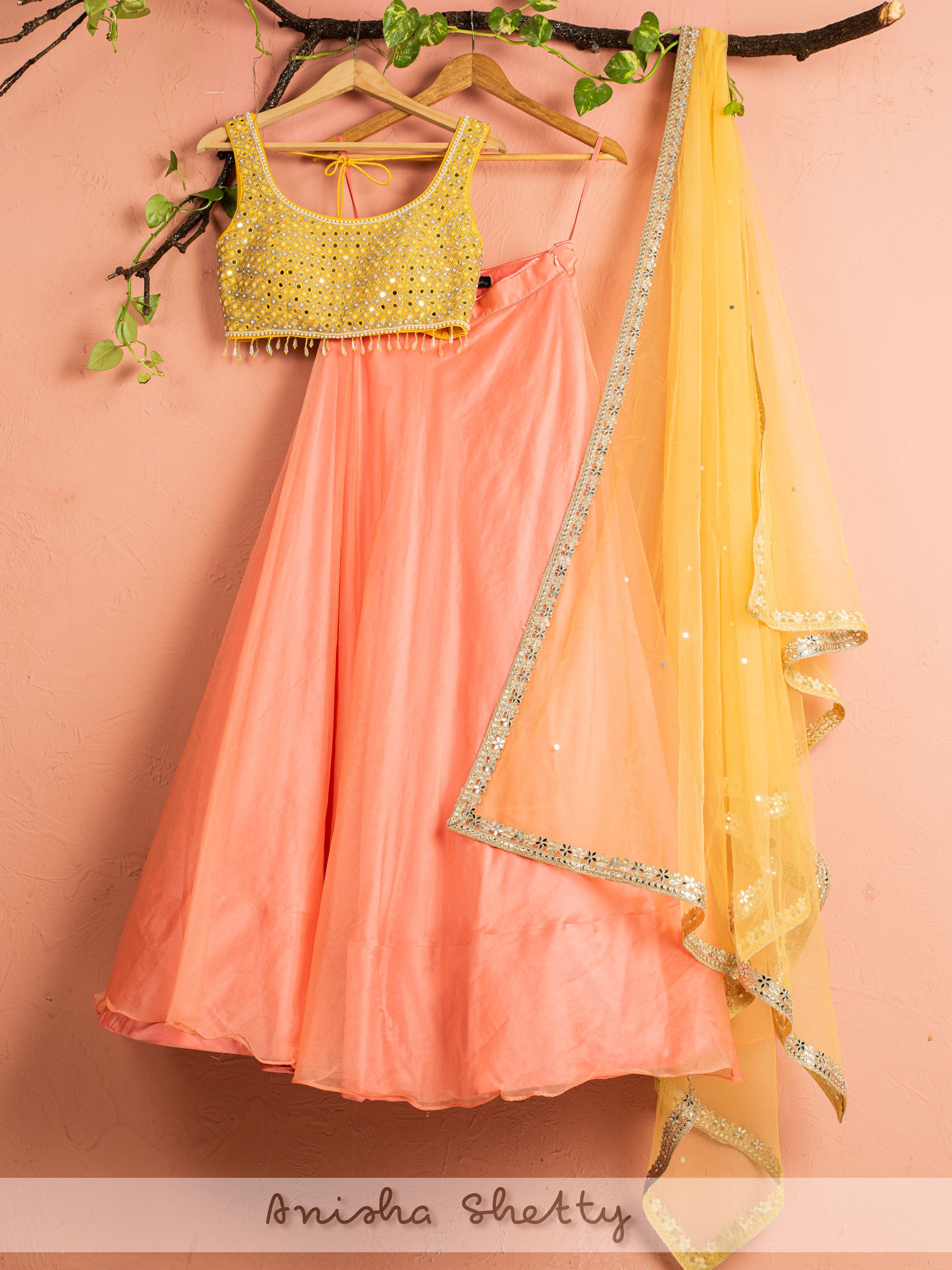 Melon Orange and Pineapple Yellow Lehenga Set - M image