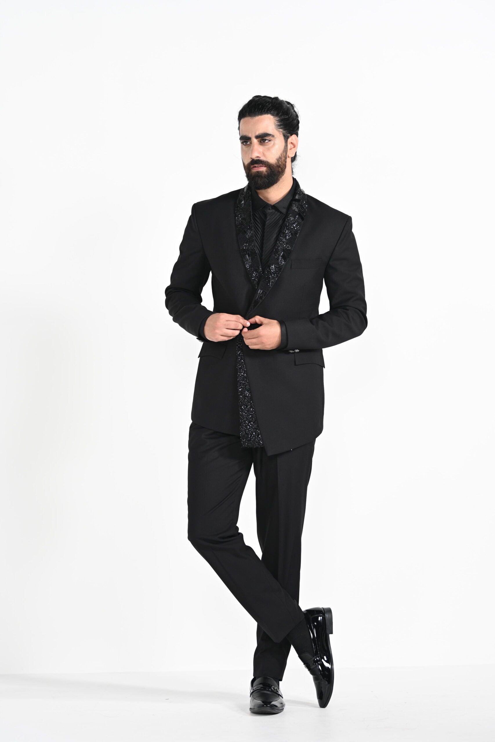 Black Assymetrical Panel Tuxedo Set - S image