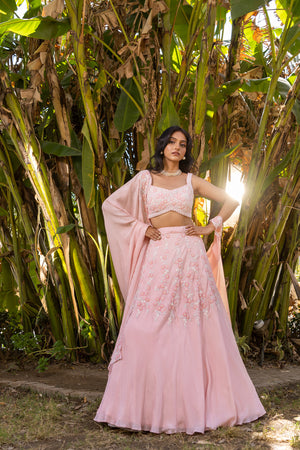 Pink Floral Georgette Embroidered Blouse Lehenga Set - L image