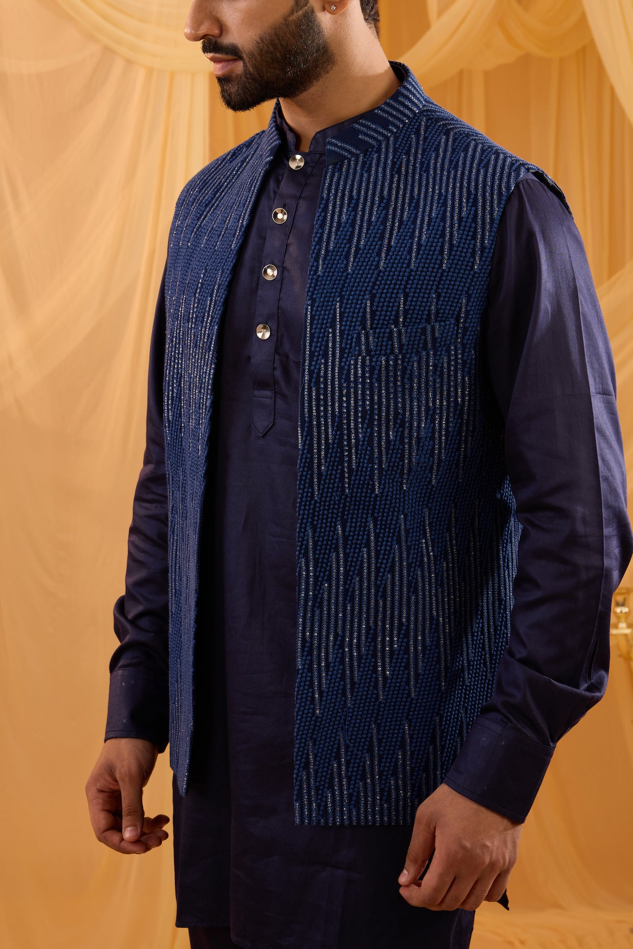 Navy Blue Sequin Embroidered Indowestern Set image 1