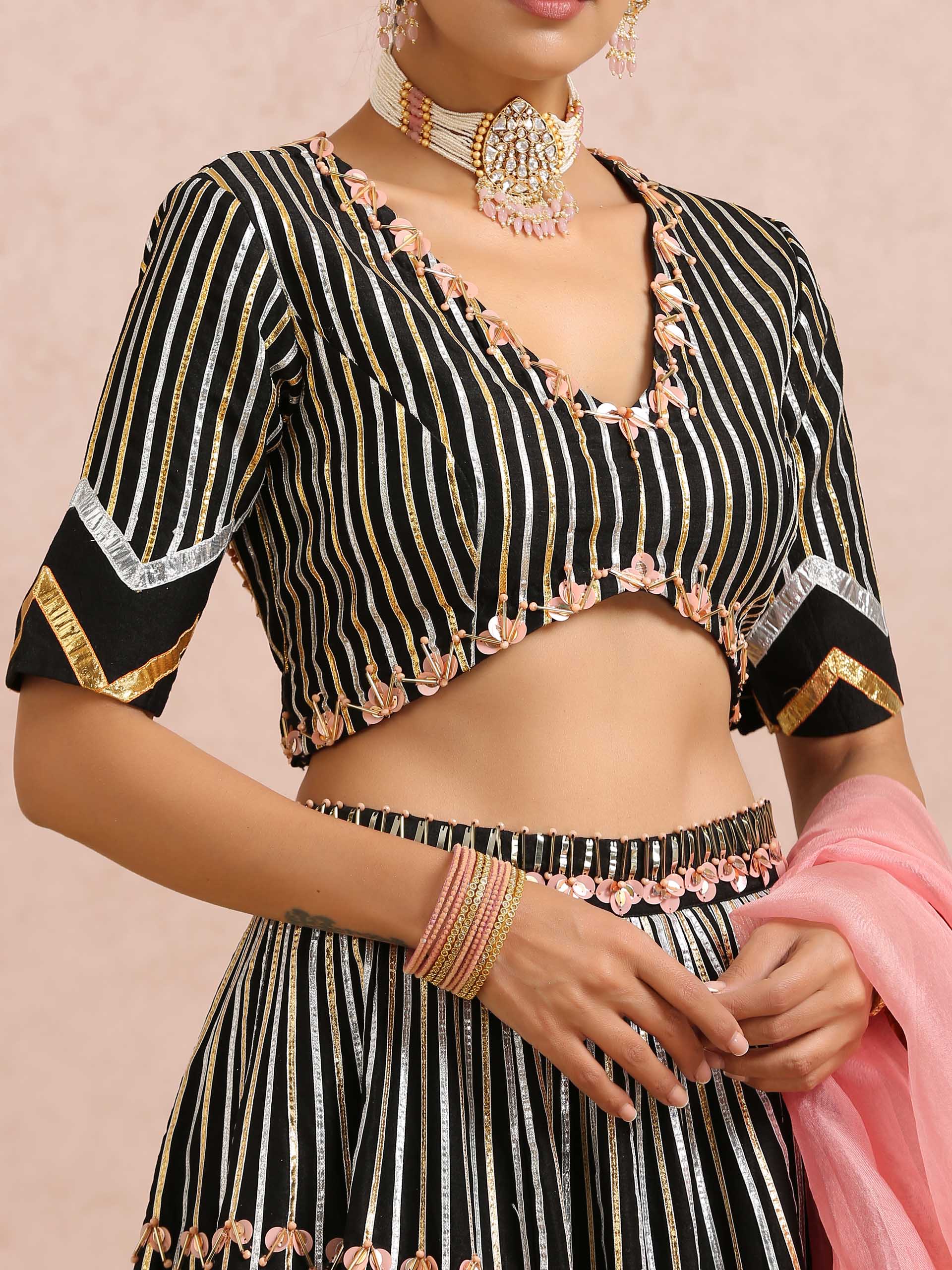 Black Embroidered Stripe Lehenga Set image 9