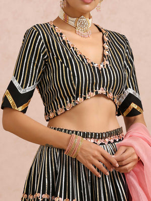 Black Embroidered Stripe Lehenga Set image 9