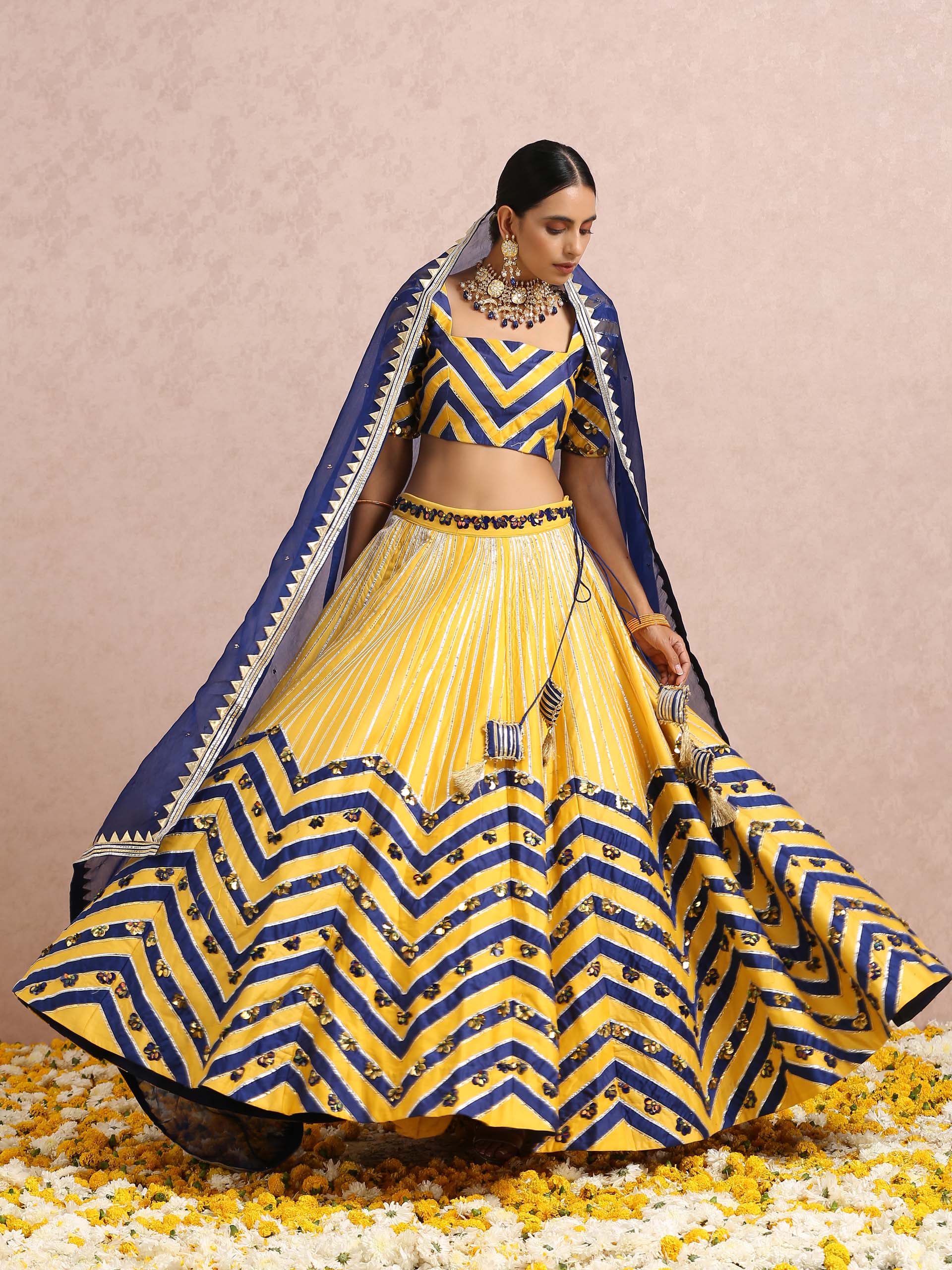 Yellow and Ink Blue Color Block Lehenga Set - L image