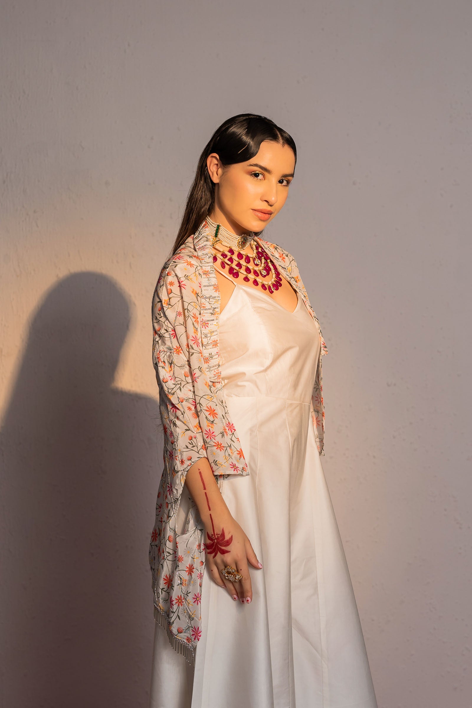 Ivory Printed And Embroidered Jumpsuit with Cape image 3