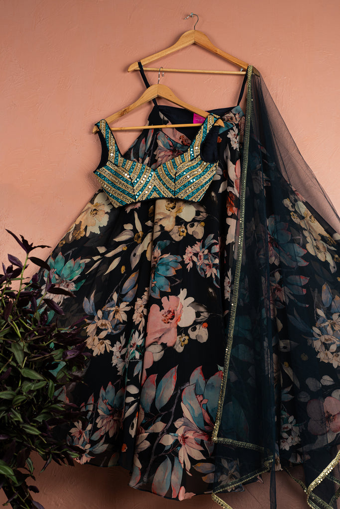 Midnight Blue Floral Blossom Lehenga with Blue and Gold Mirrorwork Blouse Set - L image