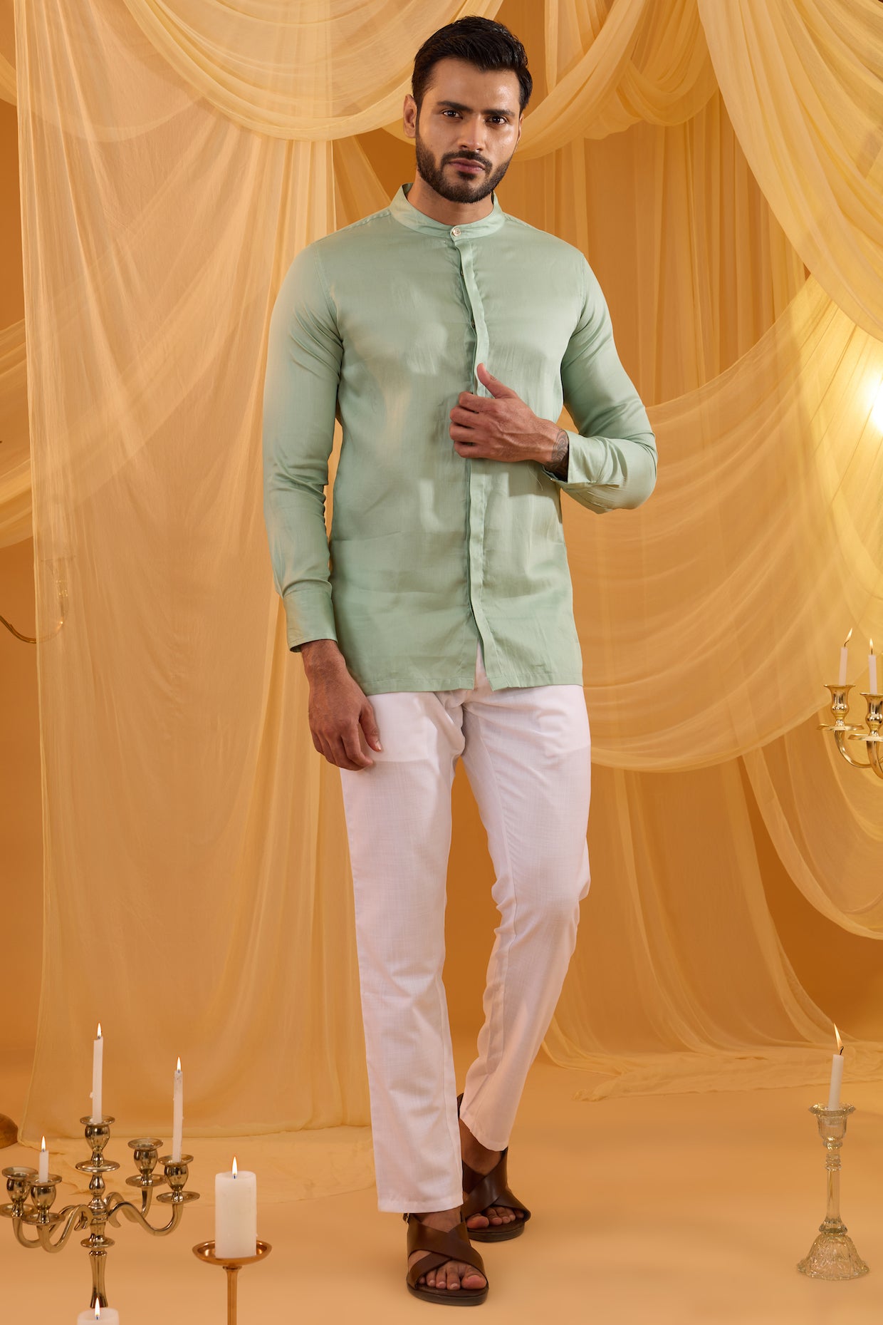 Mint Green Embroidered Indo Western Set image 4