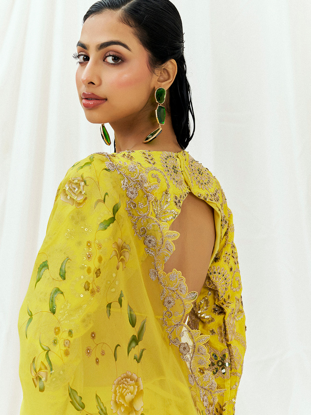 Bright Yellow Printed Embroidered Lehenga Set with Dupatta image 1