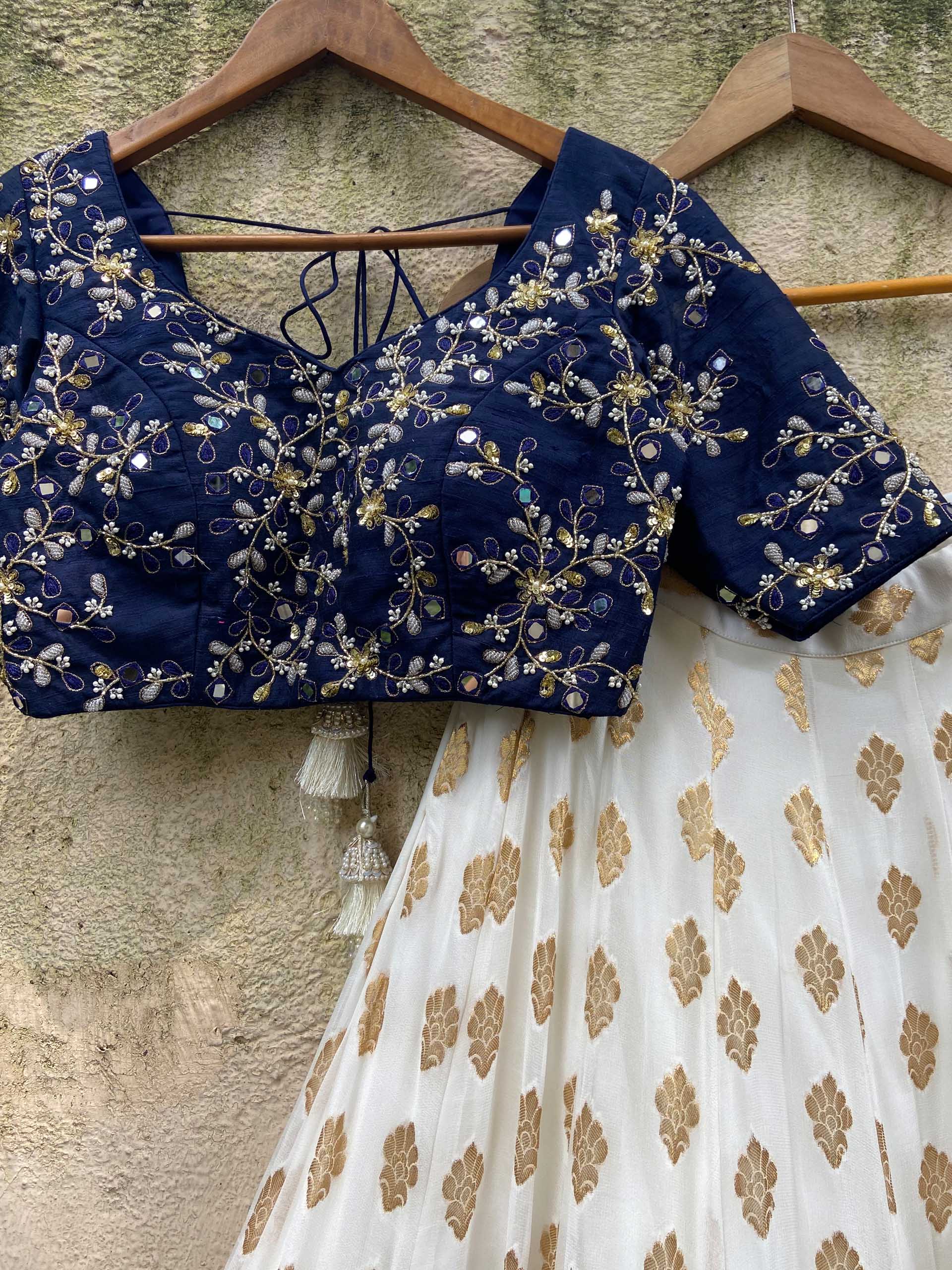 Navy Blue and Ivory Zari Lehenga Set image 1