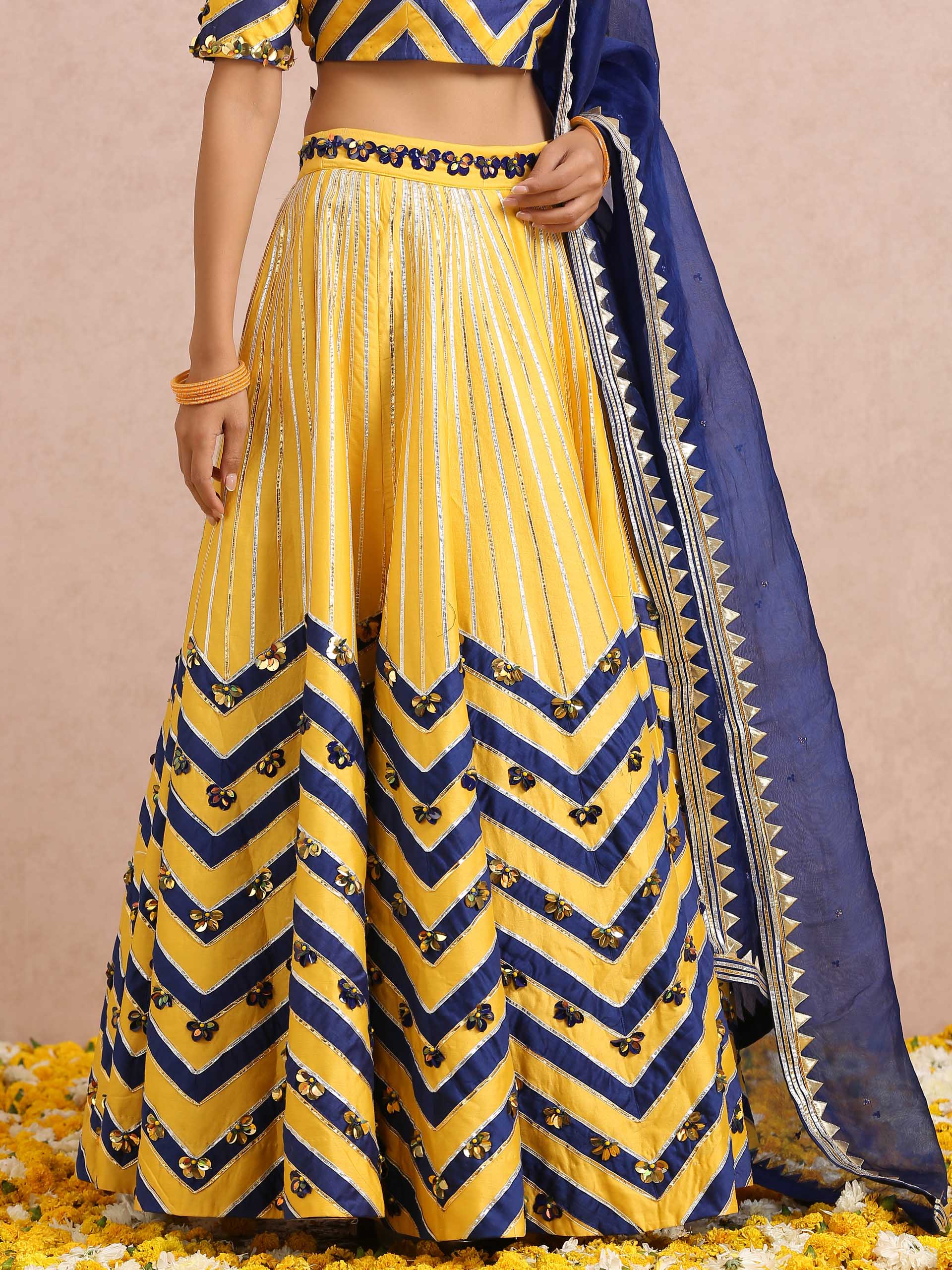 Yellow and Ink Blue Color Block Lehenga Set image 7