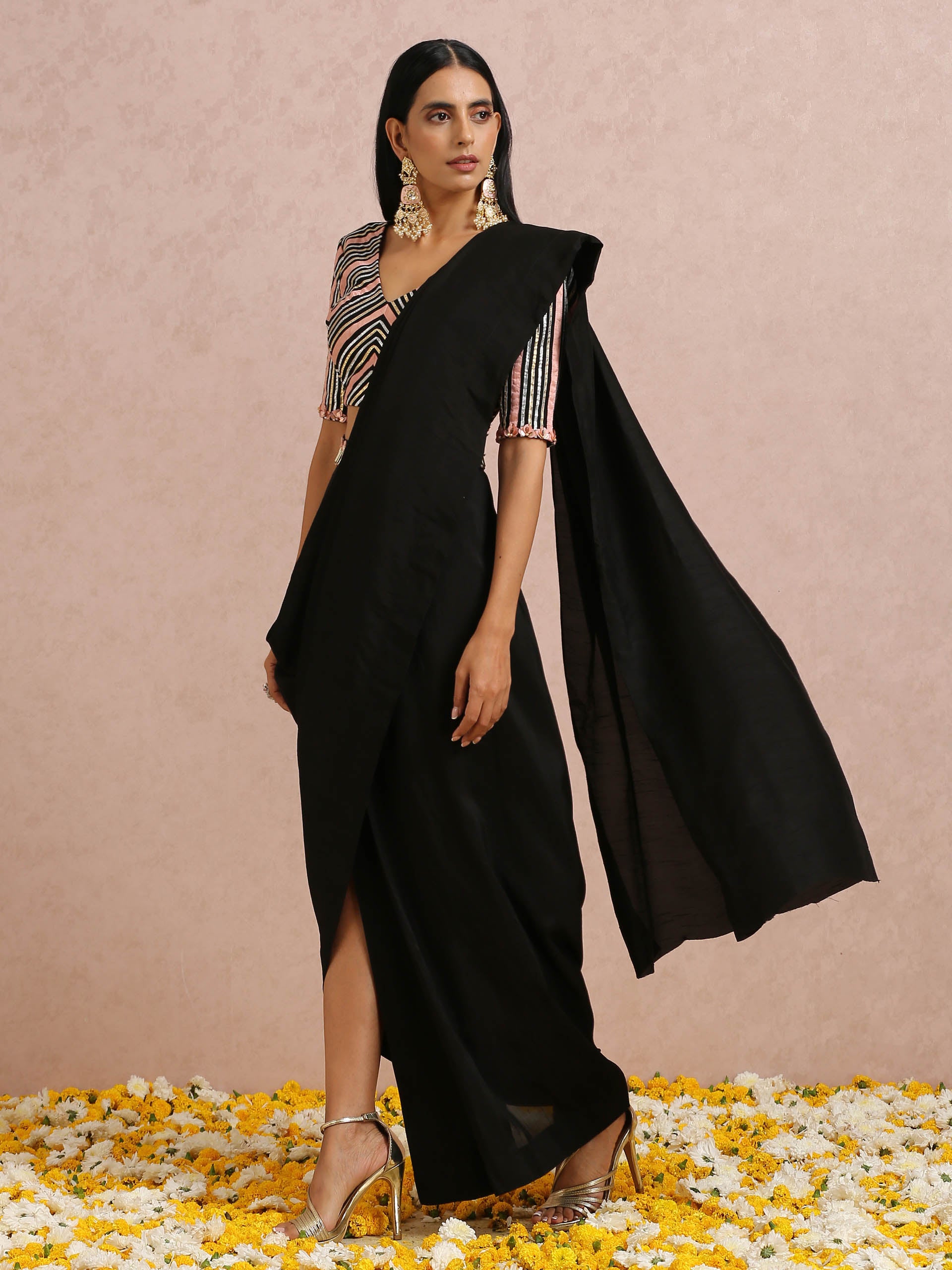 Black and Peach Pre Draped Saree Set image 2