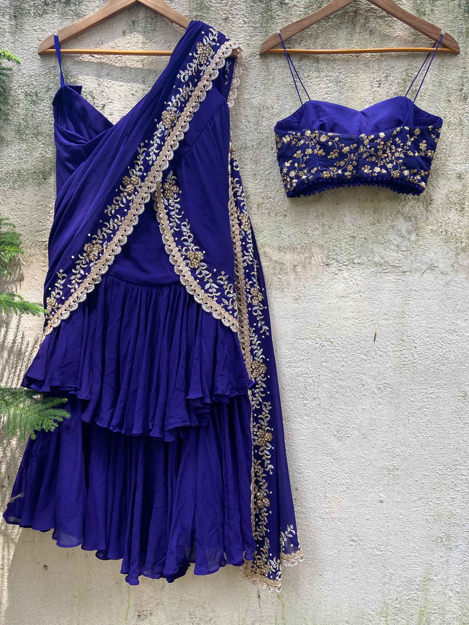 Indigo Blue Ruffled Embroidered Pre-stitched Saree Set image 4