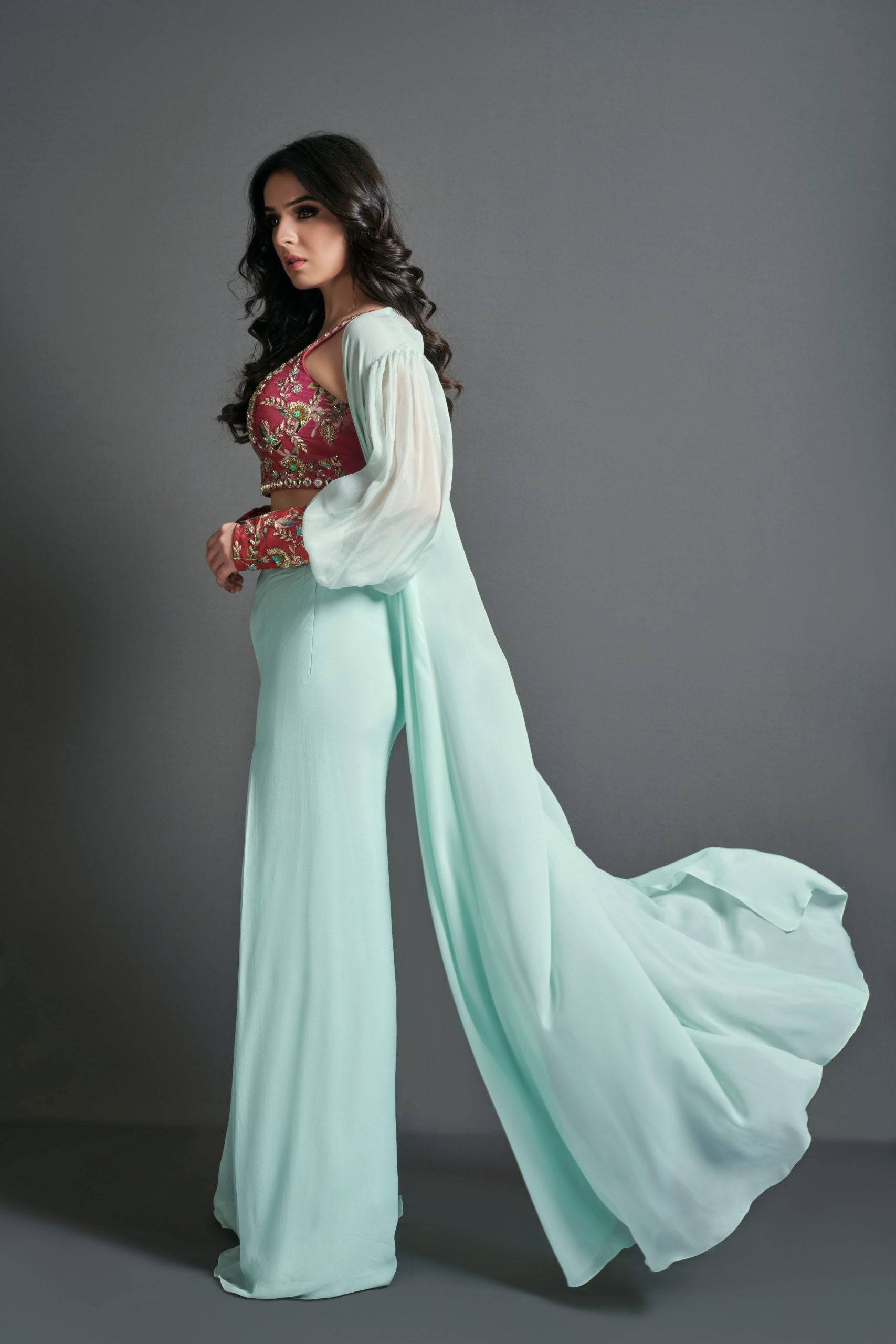 Sea Green and Crimson Red Flare Pant Set image 1