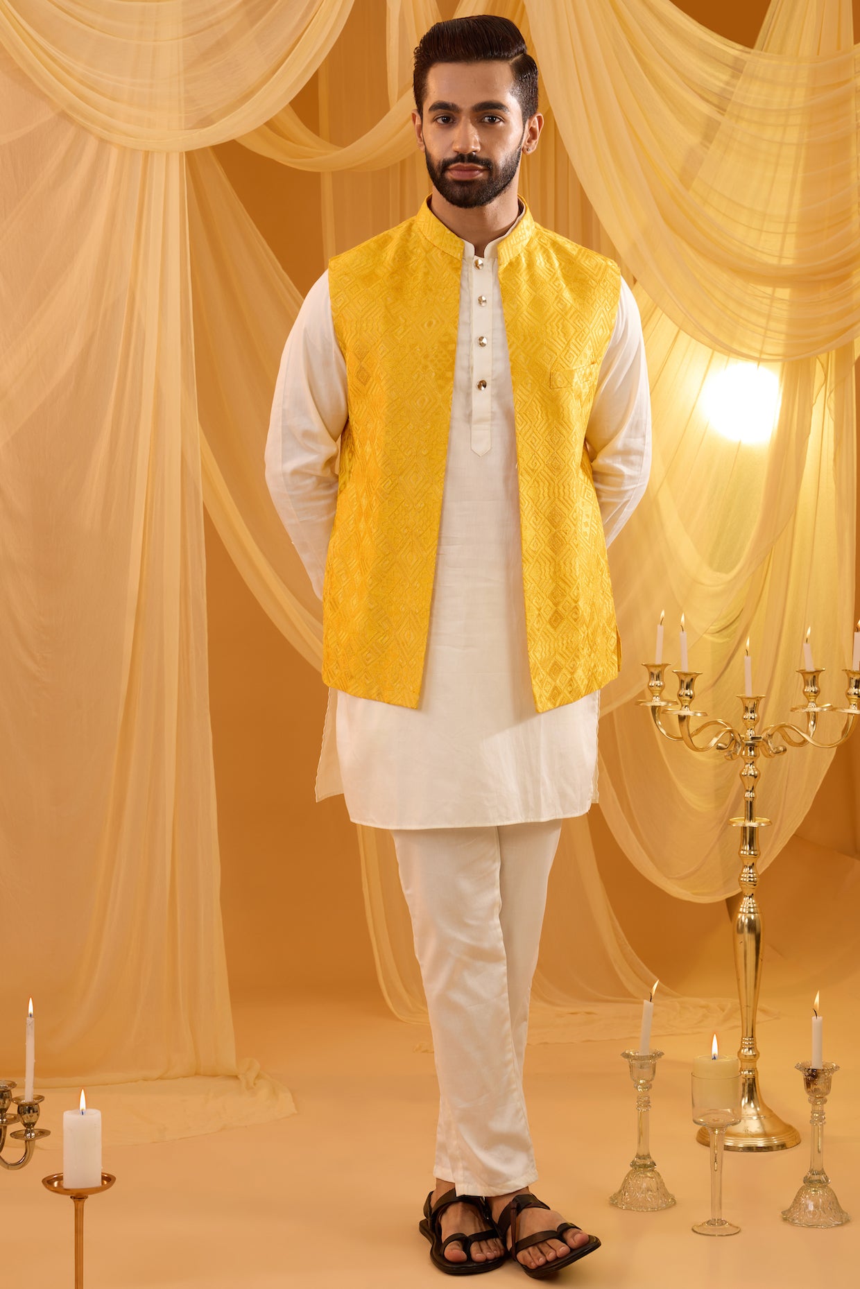 Yellow Embroidered Jacket Kurta Set image 0