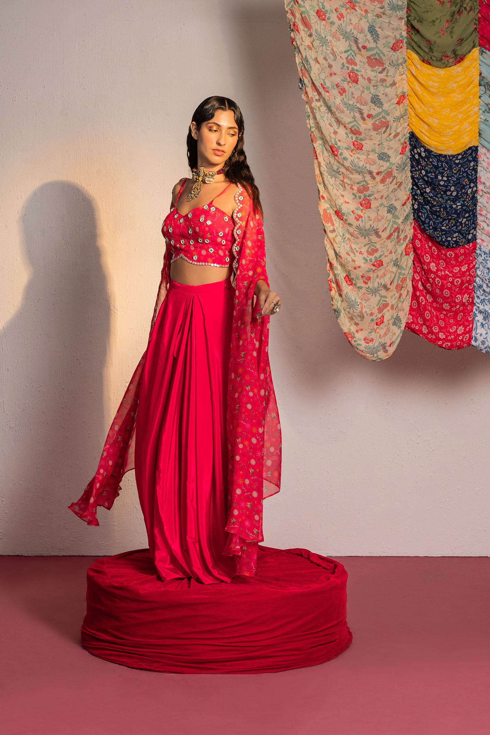 Hot Pink Printed And Embroidered Cape & Skirt Set image 4