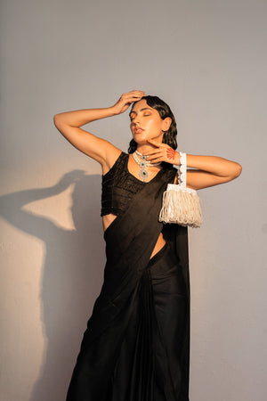 Black Embroidered Drape Saree Set image 4