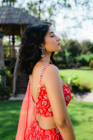 Cherry Red Floral Printed Lehenga Set image 5