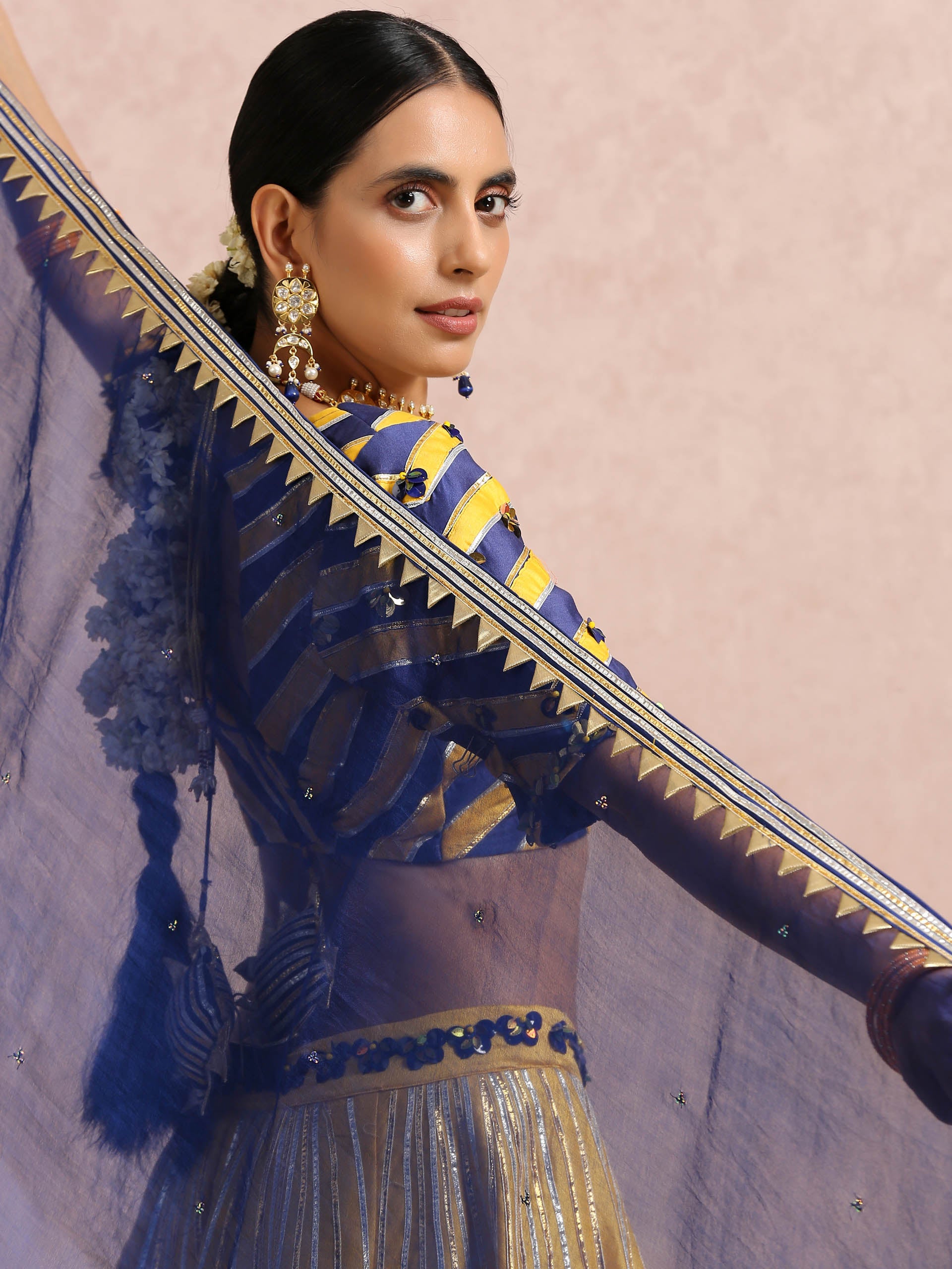 Yellow and Ink Blue Color Block Lehenga Set image 1