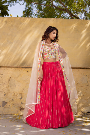 Pink Georgette Thread Work Lehenga Set image 3