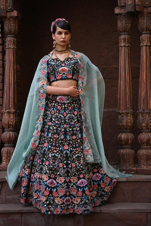 Bottle Green Embroidered and Embellished Heavy Lehenga Set image 3
