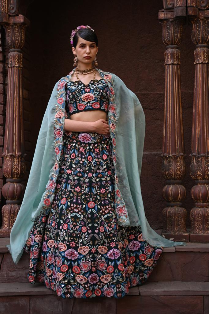 Bottle Green Embroidered and Embellished Heavy Lehenga Set image 3