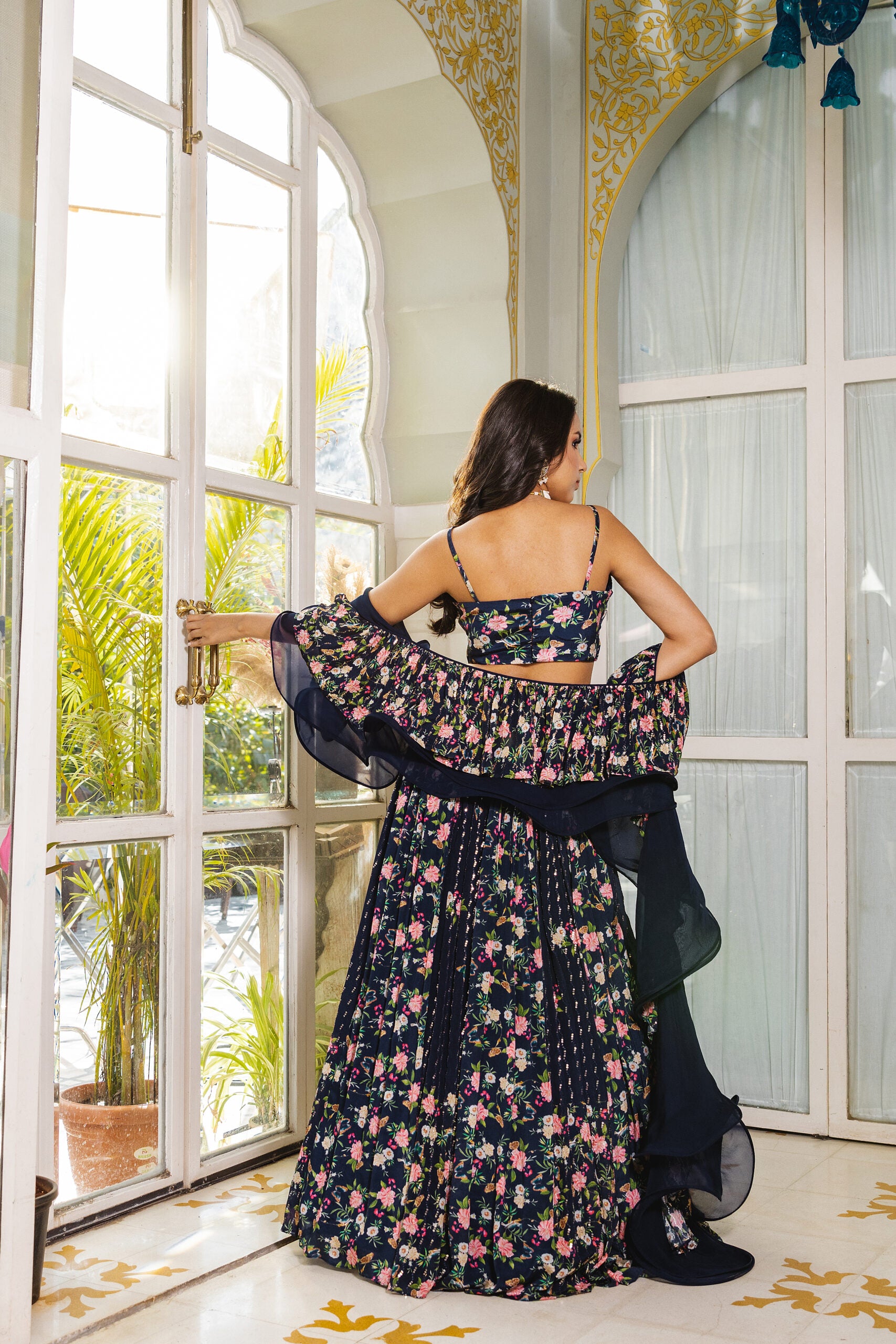 Navy Blue Floral Georgette Crepe Printed Lehenga Set image 1