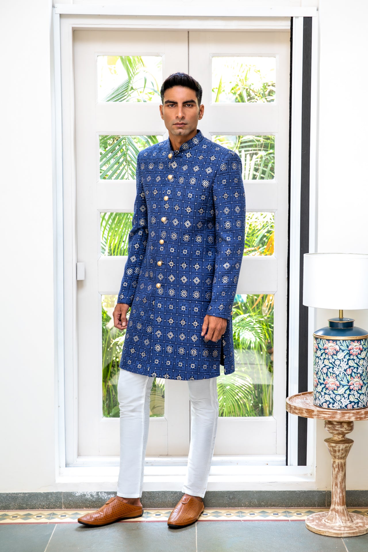 Navy Embroidered Sherwani Set - XL image