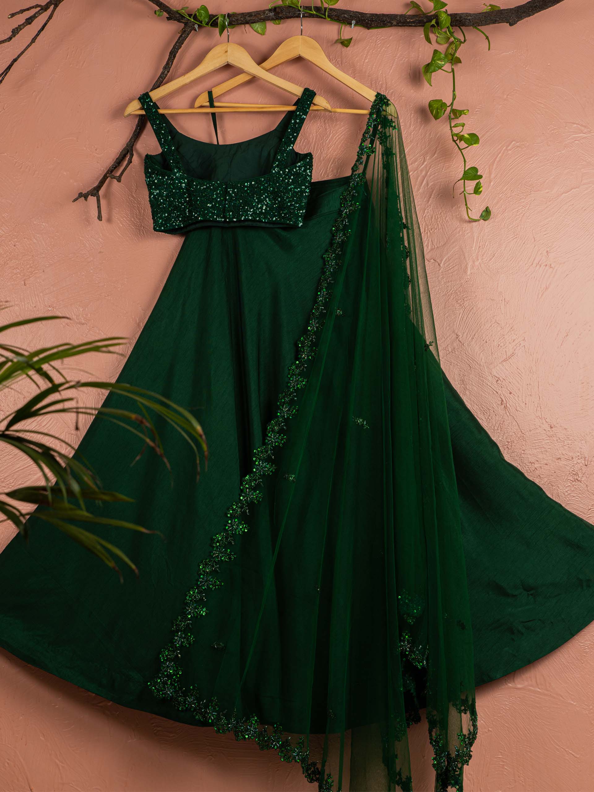 Dark Green Silk Sequin Lehenga Set image 1