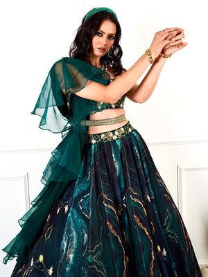 Green Meesha Marble Lehenga Set image 6