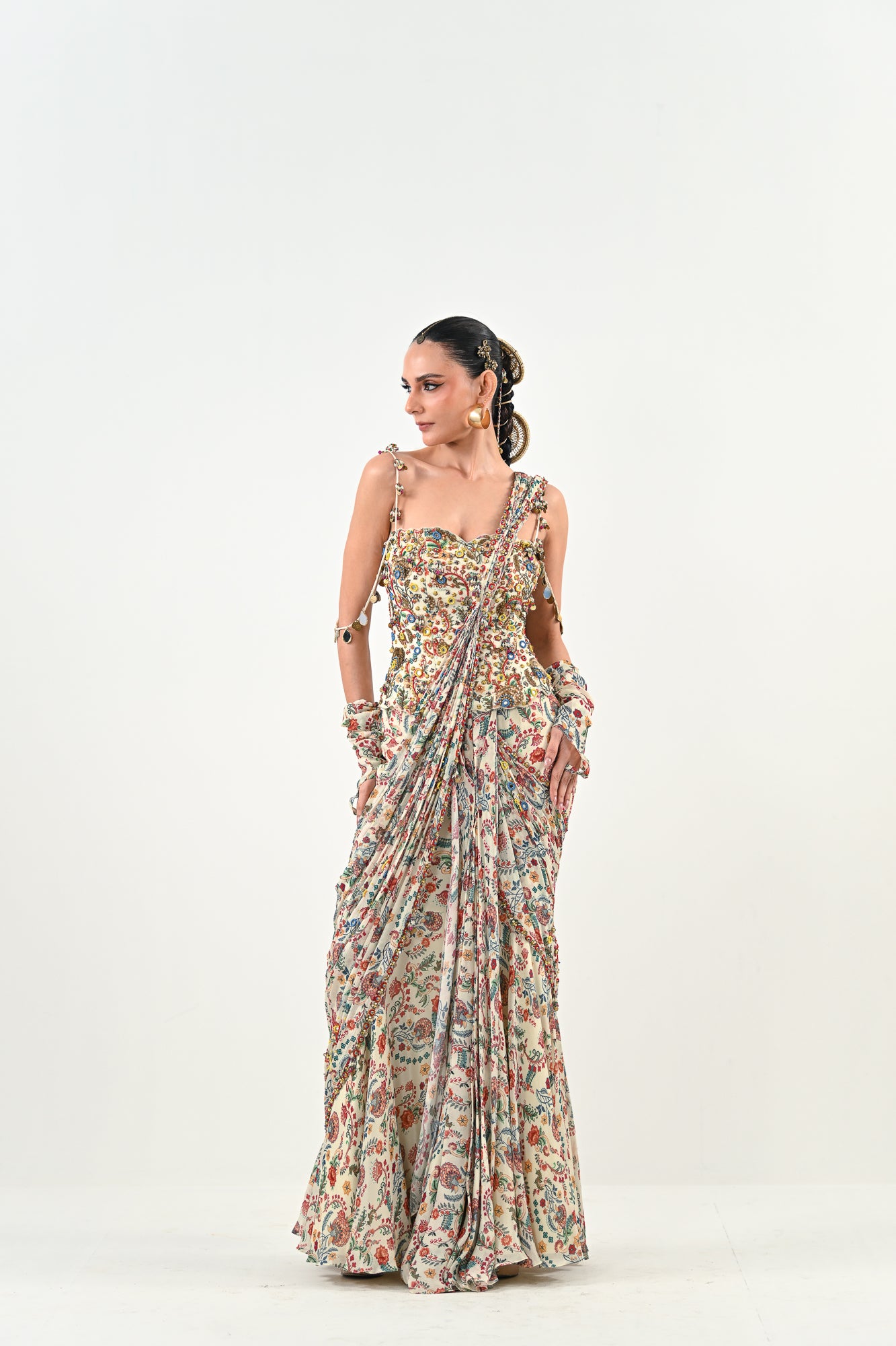 Highlighted Pre Stitched Peacock Saree Paired with Printed Highlighted Peacock Blouse - L image