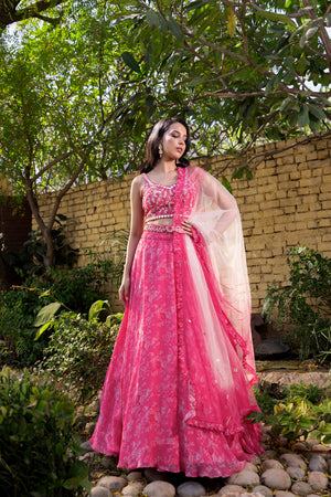 Pink Georgette &amp; Net Printed Lehenga Set - XL image
