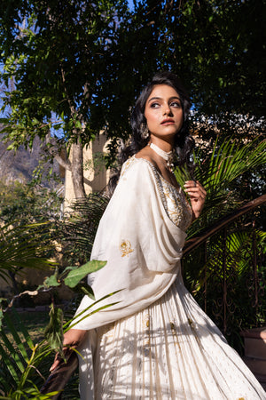 Off-White Georgette Crepe Pearl Embroidered Lehenga Set - Custom image