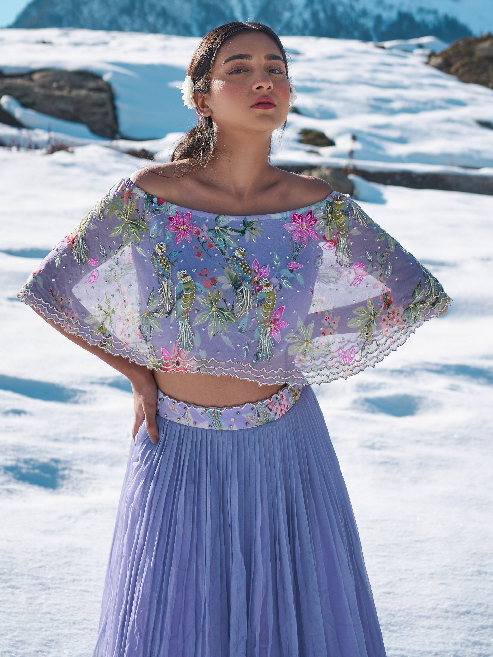 Lavender Floral Cape Lehenga Set image 1
