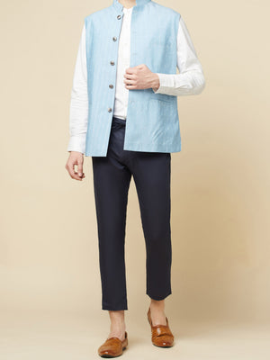 Sky Blue Printed Bundi Jacket Set image 2