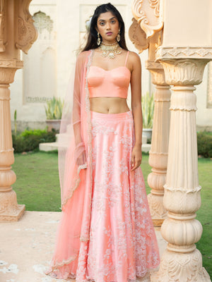 Peach Floral Bead Lehenga Set with Peach Bustier - M image