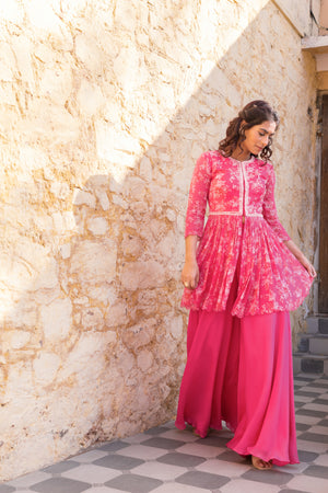 Fuchsia Pink Embroidered Jacket Peplum Set image 2