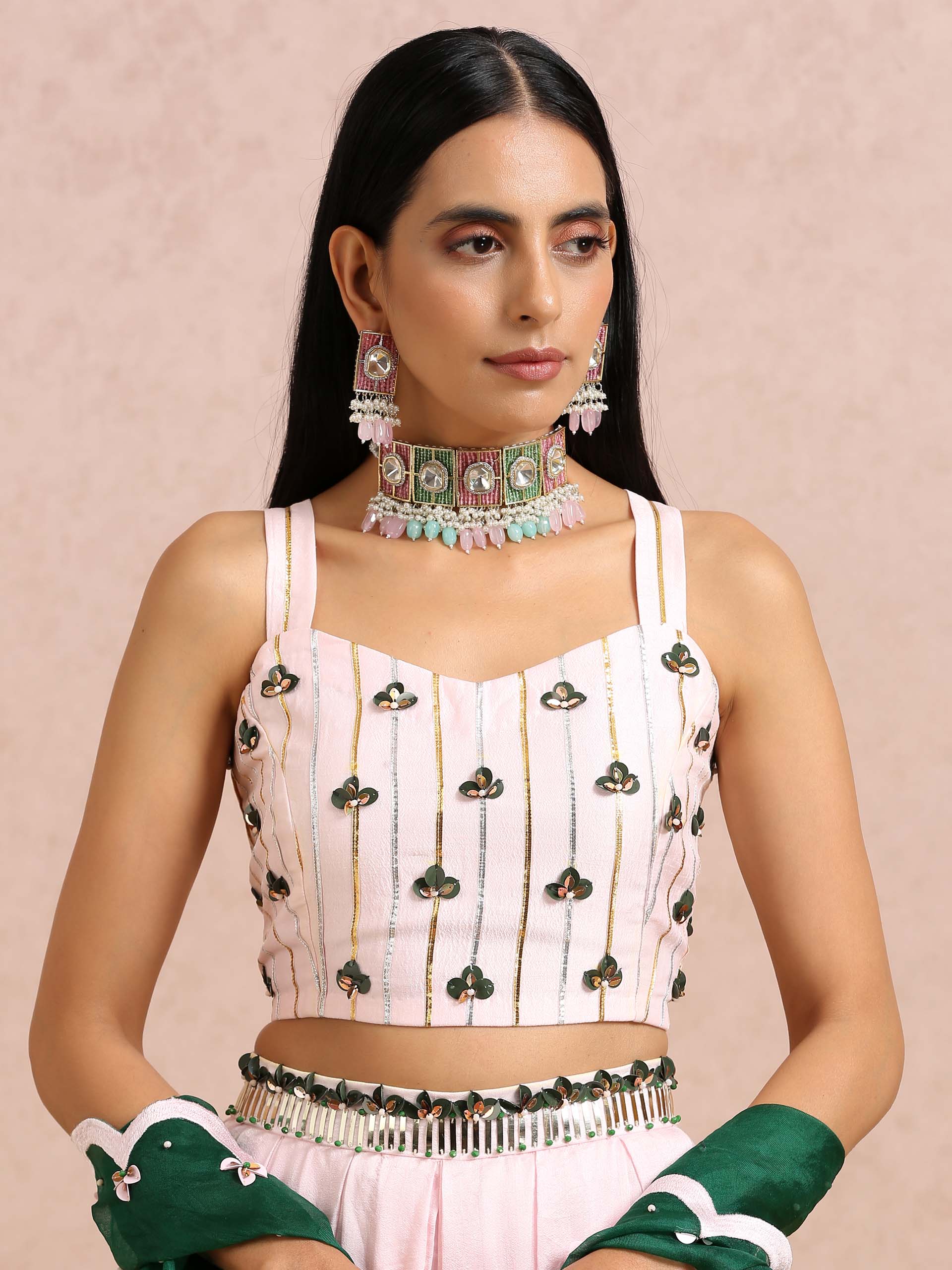 Light Pink Embroidered Pallazo Set with Cape image 4