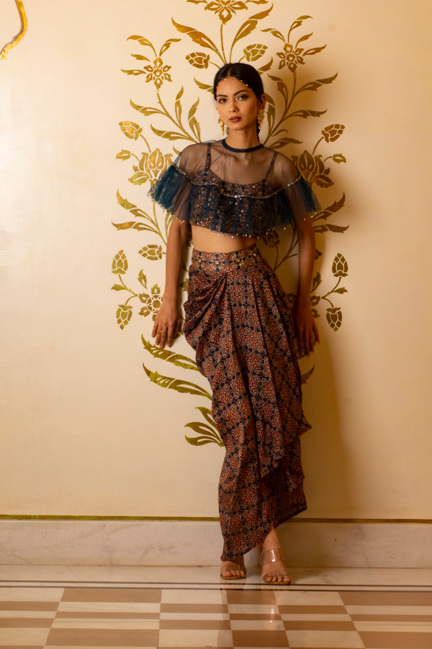 Ajrakh Print Drape Skirt Set - Custom image