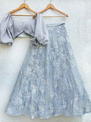 Metallic Silver Off Shoulder Blouse with Silver Glam Skirt - M image