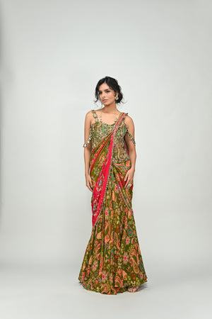 Olive Highlighted Dual Pre Stitched Saree with Green Badla Corset - L image