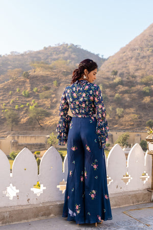 Blue Georgette Crepe Embroidered Jumpsuit With Belt image 1