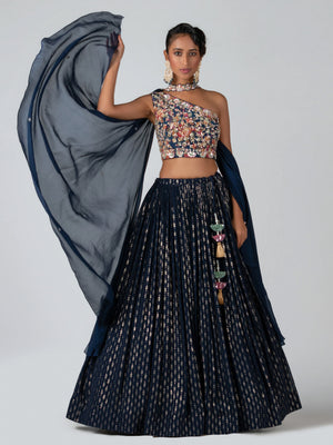 Midnight Blue One Shoulder Lehenga Set - M image