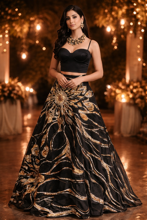 Black Bustier teamed with black and molten gold woven skirt with cancan - M image