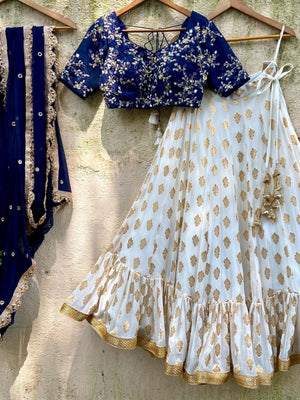 Navy Blue and Ivory Zari Lehenga Set - M image